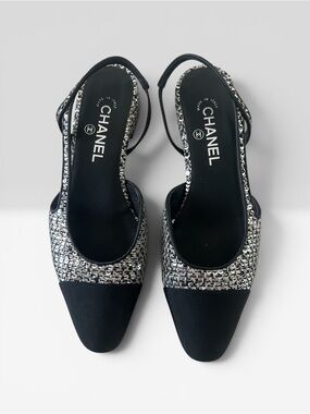 CHANEL Black & Silver Sequin Tweed Cap-Toe Slingback Flats (Women’s size 39)
